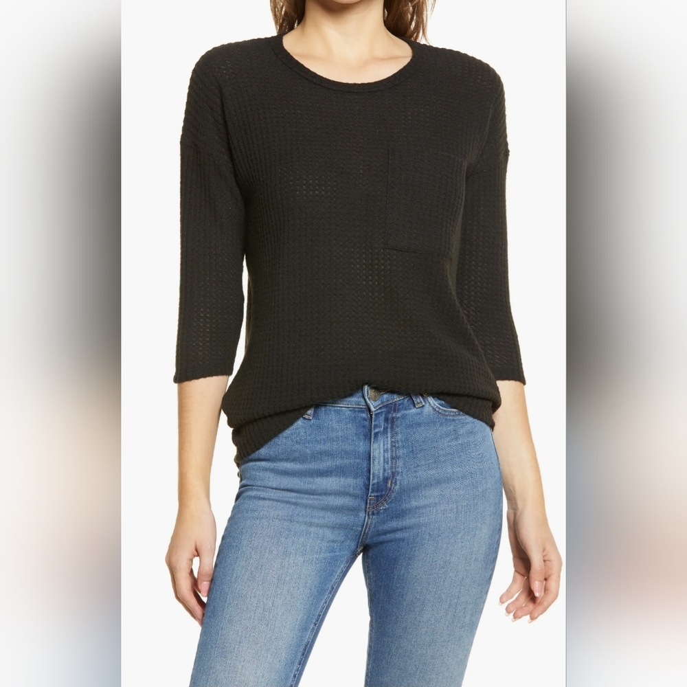 Bobeau Size Large Black Round Neckline Relaxed-Fit Cozy Waffle Knit Sweater NWT